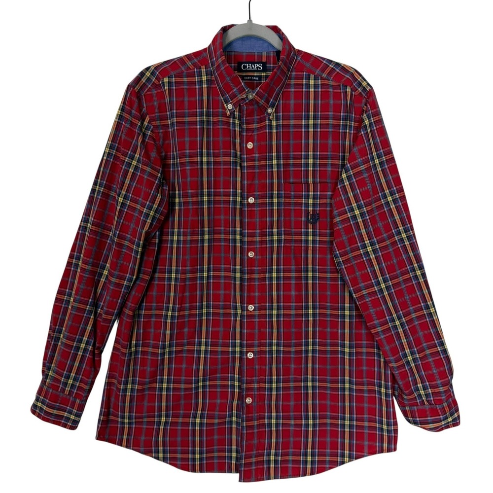 Chaps Shirt Mens Medium Red Plaid Long Sleeve Button Down Easy Care Casual